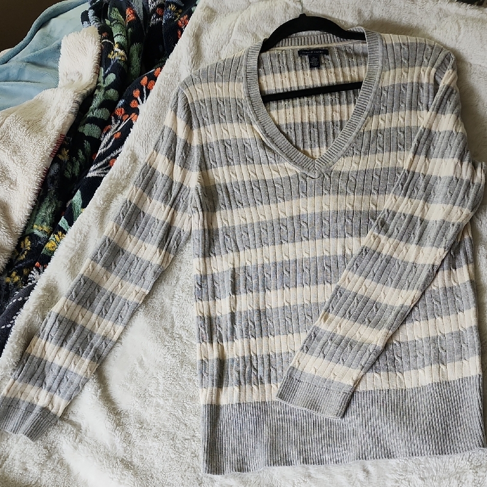 Gray and Cream Striped Women's Sweater